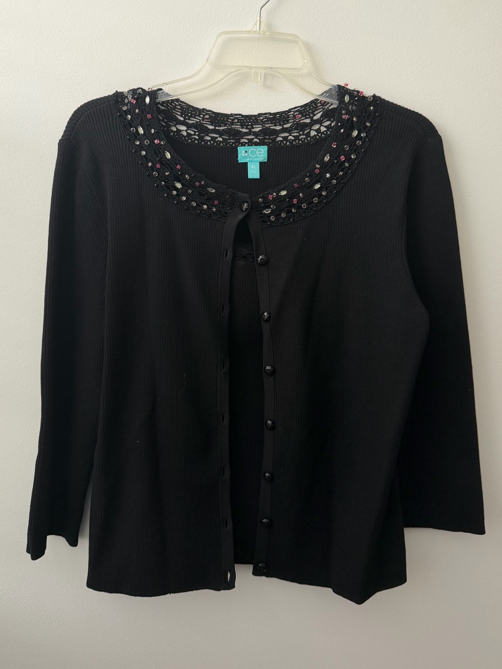 Black Cardigan Tank Set with Beaded Crochet Collar and